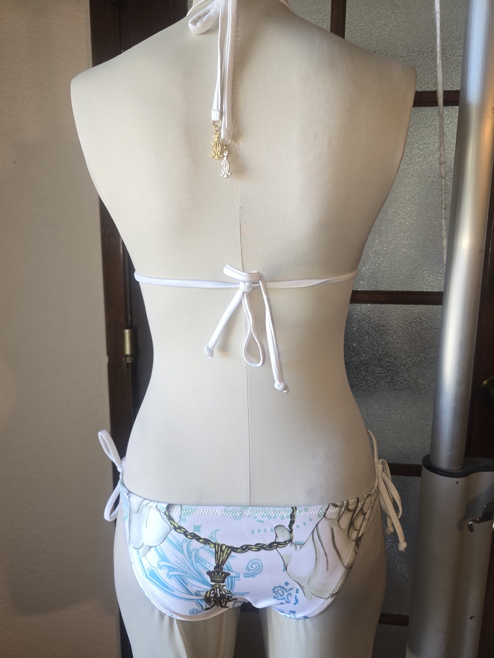 Christian Audigier White Triangle Bikini with Blue and Gray Graphics - Picture 4 of 12